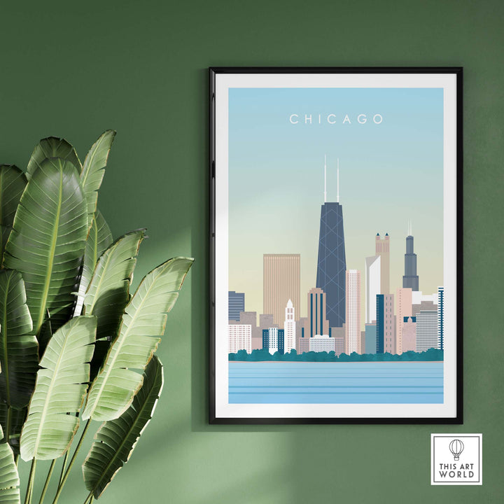 Chicago skyline wall art poster with vintage design, framed, against a green wall. Perfect for home or office decor.