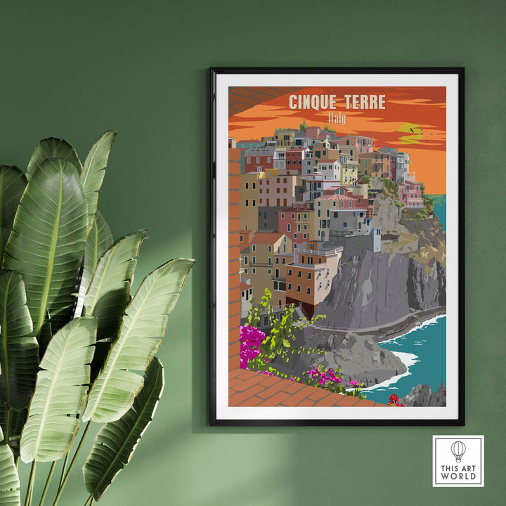Cinque Terre Italy poster print wall art featuring colorful coastal village and sunset, perfect for home decor.