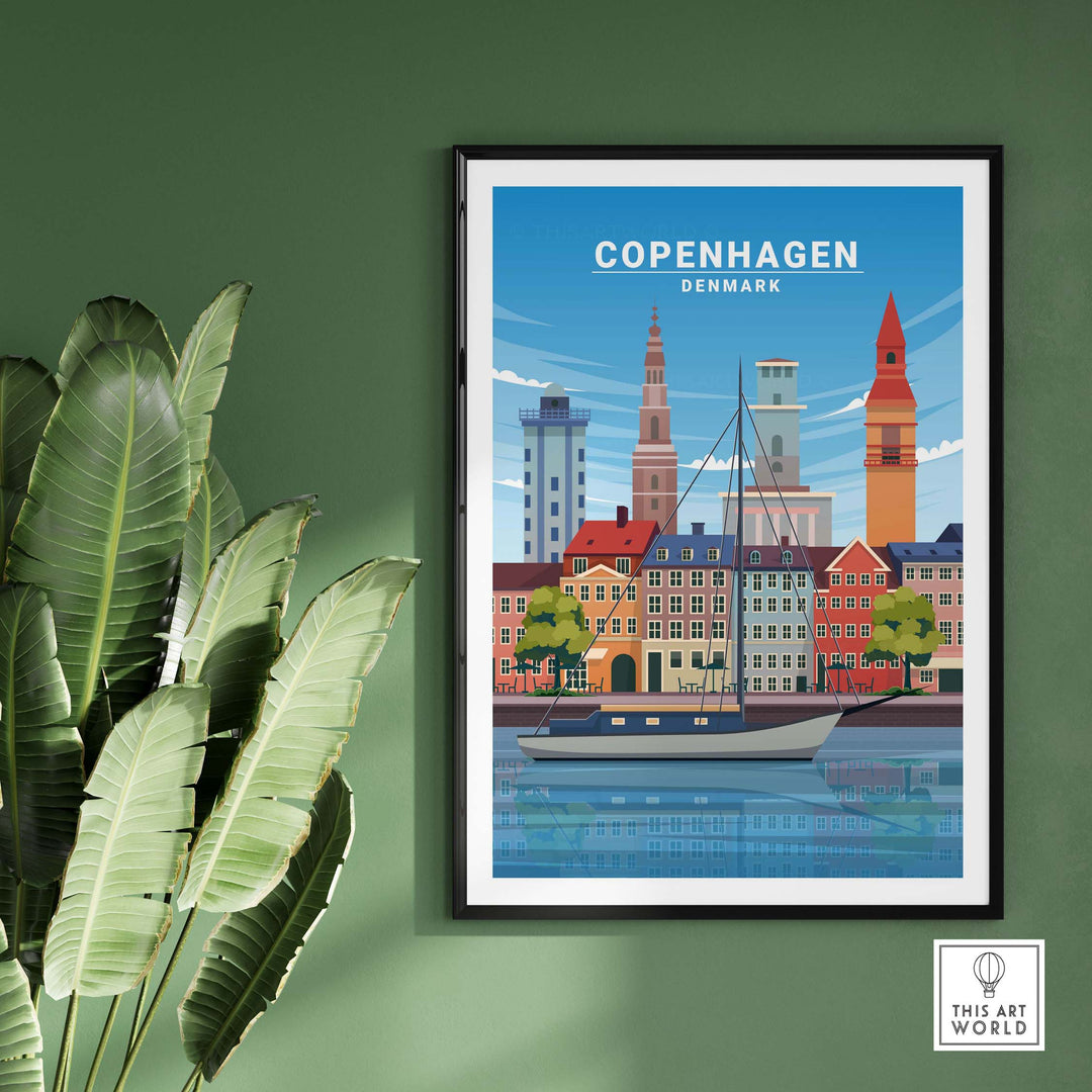 Copenhagen print featuring a colorful cityscape and sailboat, framed art for home decor by This Art World.