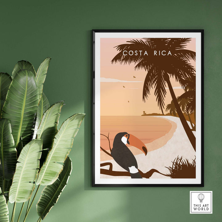 Costa Rica Print Wall Art Poster featuring a toucan and tropical beach scene, perfect for home or office decor.