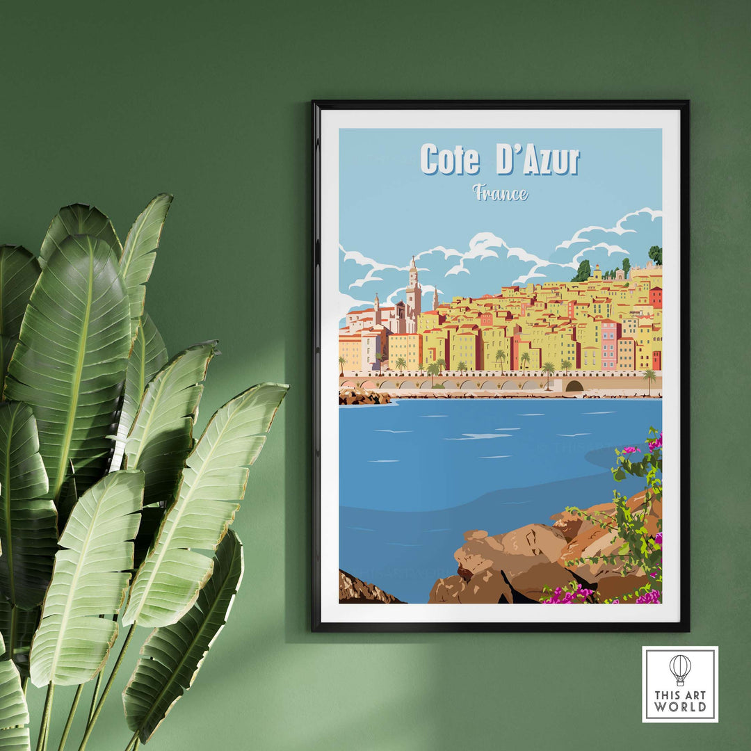 Cote d'Azur poster print wall art showcasing a vibrant coastal scene in France, perfect for home or office decor.