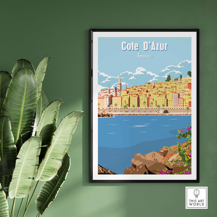 Cote d'Azur poster print wall art showcasing a vibrant coastal scene in France, perfect for home or office decor.