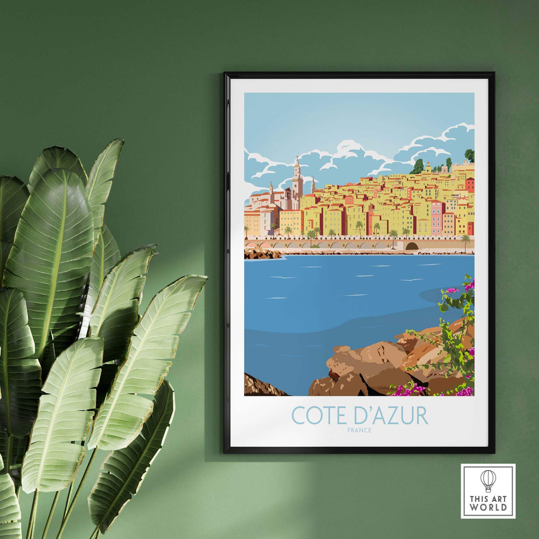 Cote d'Azur print poster featuring a coastal view, framed artwork designed for stylish home decor.