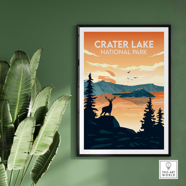 Crater Lake National Park poster featuring a minimalist design with a sunset, mountains, and a deer silhouette.