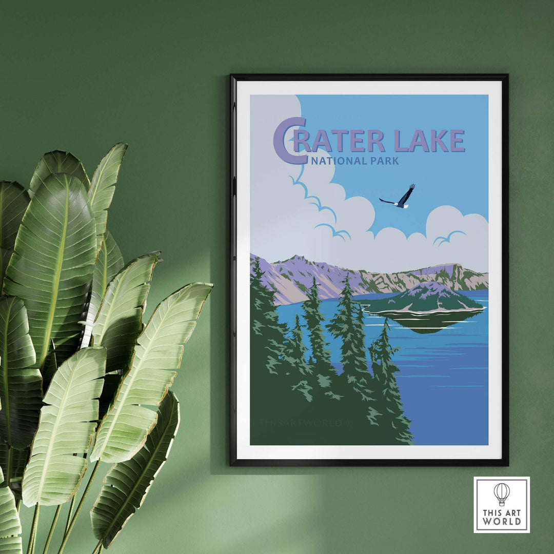 Framed Crater Lake National Park Print showcasing vibrant blue water and lush scenery, enhancing home decor with nature-inspired art.