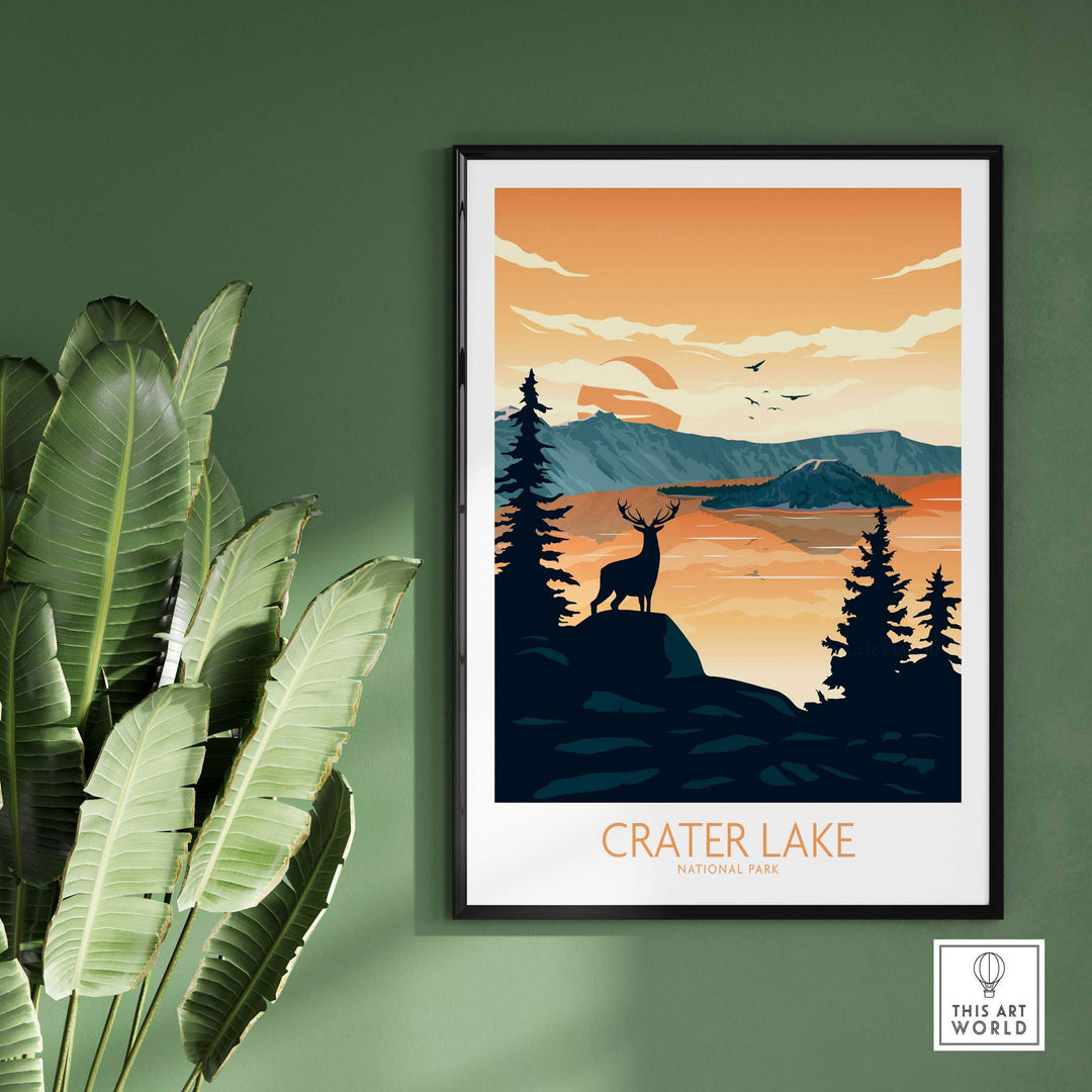 Crater Lake National Park poster art print featuring a silhouette of a deer and scenic landscape in minimalist style.