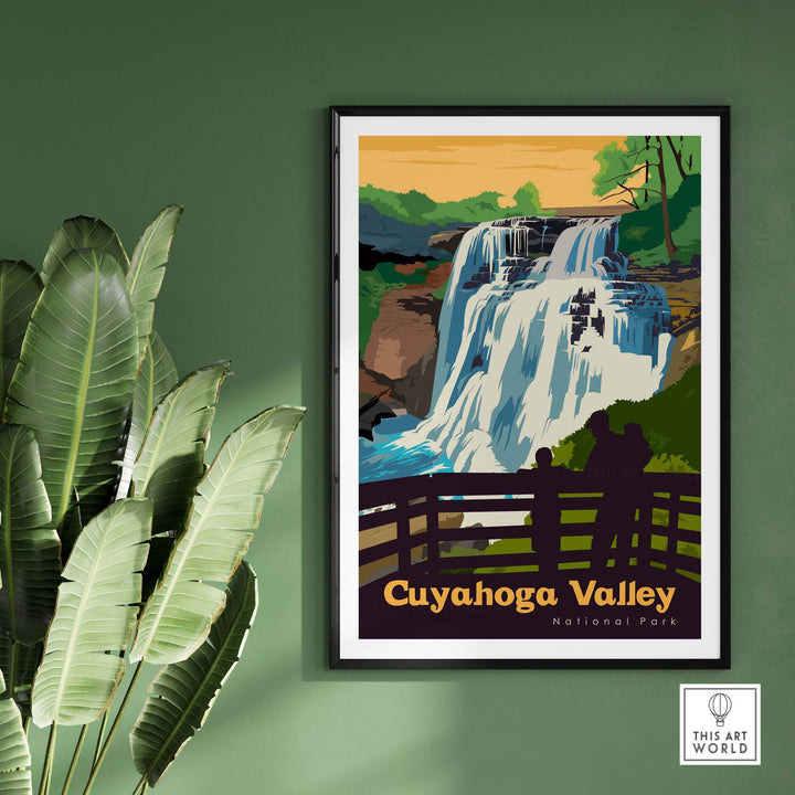 Cuyahoga Valley National Park poster depicting a waterfall scene, perfect for travel and outdoor decor.