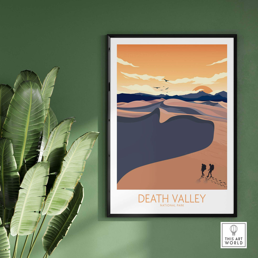 Death Valley National Park poster with hikers against a sunset backdrop, framed art print for home decor.
