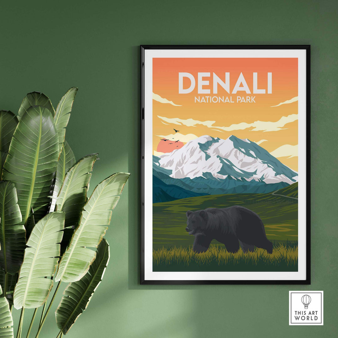 Denali National Park poster featuring a bear and mountains, minimalist design for home decor.