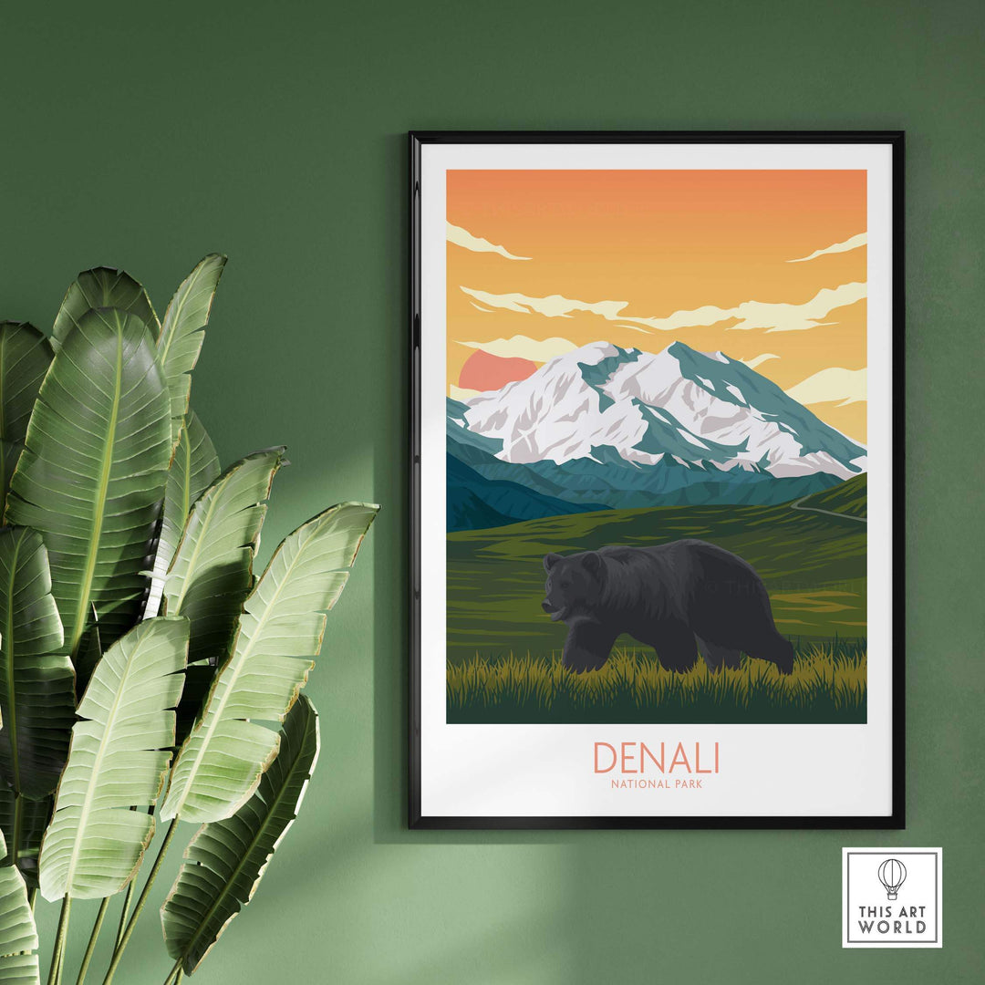 Denali National Park poster featuring a bear and mountains, framed art print for nature lovers and outdoor enthusiasts.