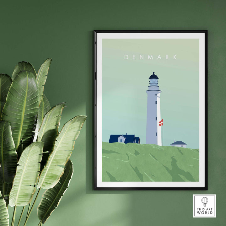 Denmark Print Wall Art Poster featuring a lighthouse against a green backdrop, perfect for home or office decor.
