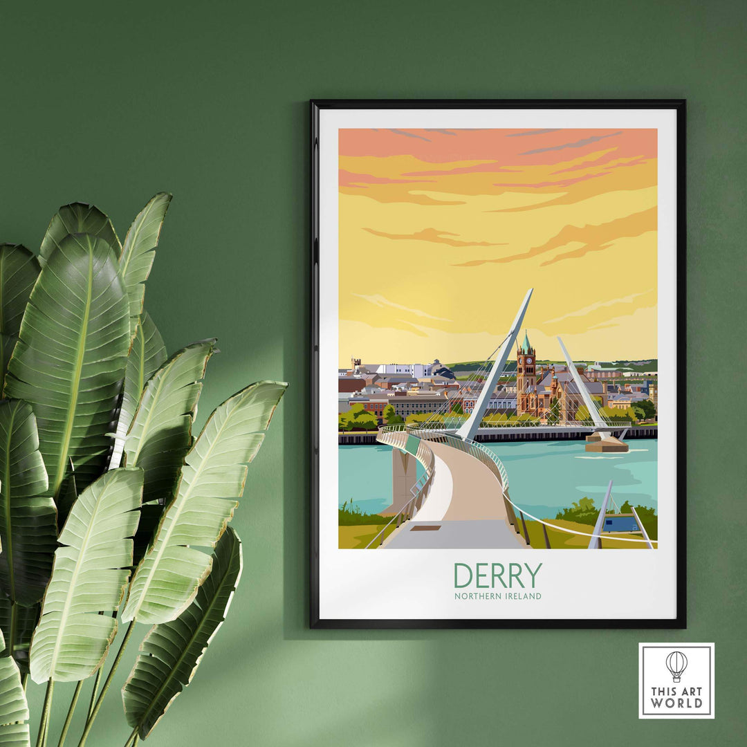 Derry Northern Ireland poster showcasing the Peace Bridge and cityscape in vibrant colors.