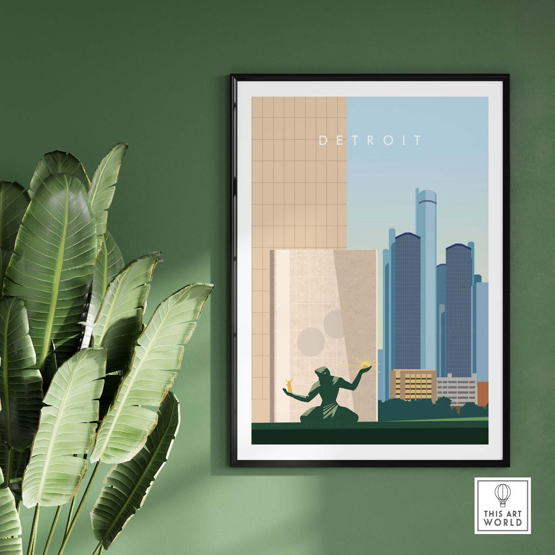 Framed Detroit travel poster print featuring city skyline and iconic sculpture on a green wall.