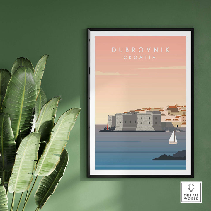 Dubrovnik Print Wall Art Poster featuring a scenic view of Dubrovnik, Croatia, surrounded by coastal waters and vintage style.