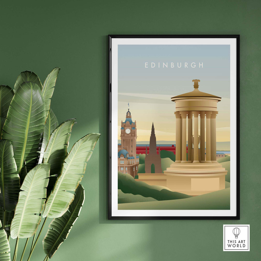 Edinburgh Wall Art Poster featuring iconic landmarks and vintage design, perfect for home or office decor.