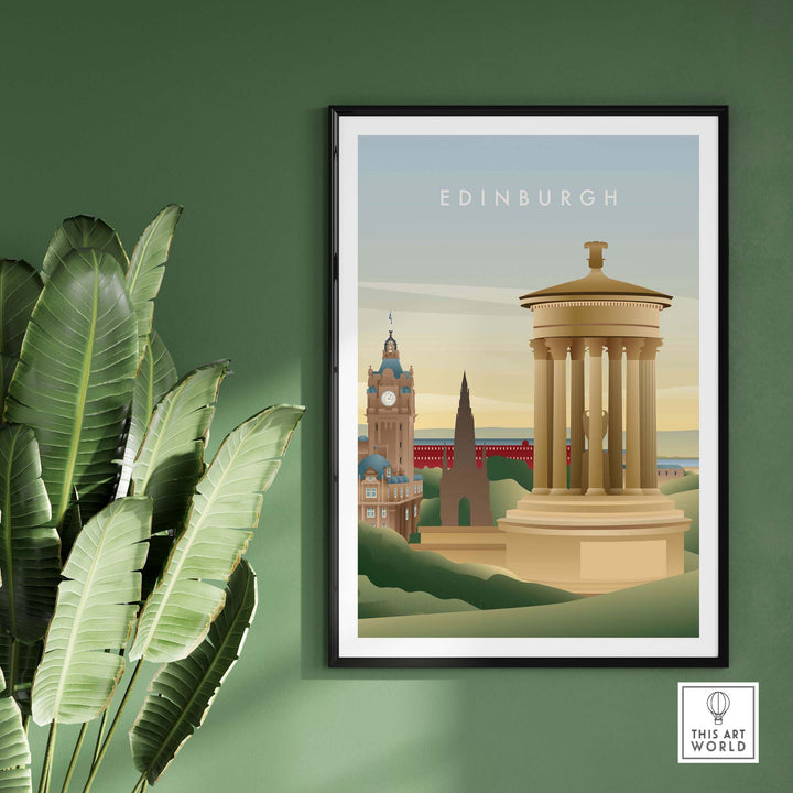 Edinburgh Wall Art Poster featuring iconic landmarks and vintage design, perfect for home or office decor.