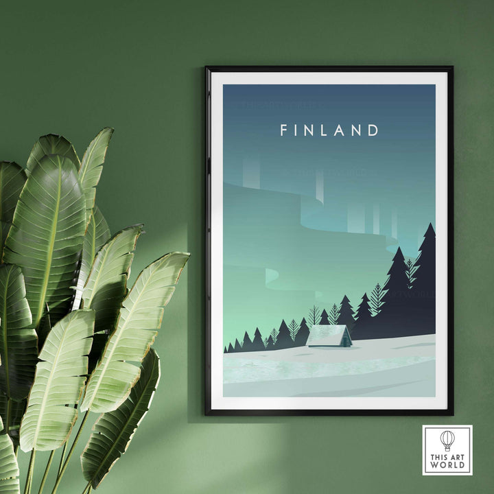 Finland print wall art poster featuring vintage style and Northern Lights design, perfect for home decor.