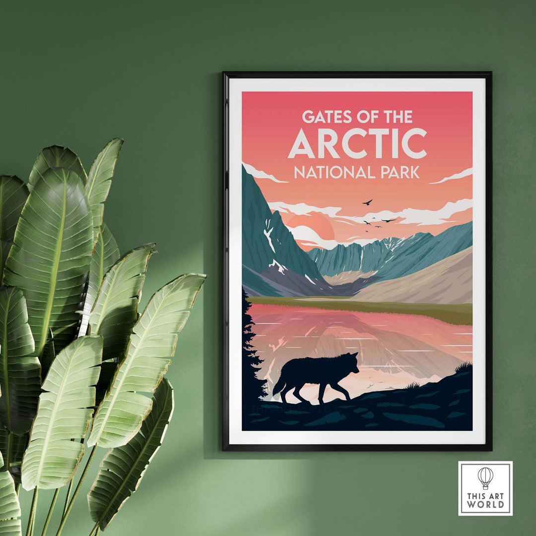 Gates of the Arctic National Park poster featuring a wolf, mountains, and a tranquil landscape.