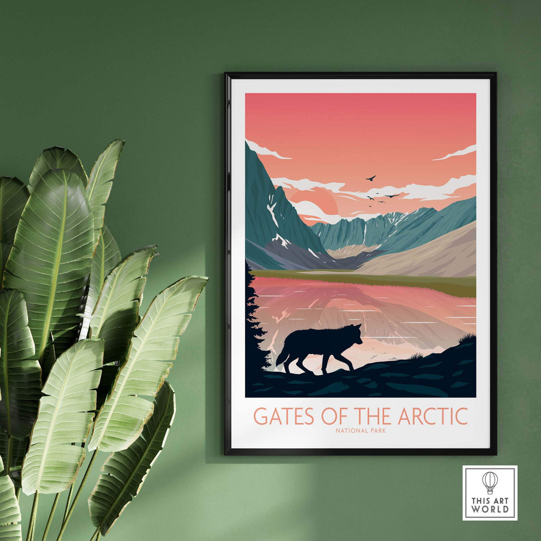 Gates of the Arctic National Park poster art print, featuring mountains, a wolf silhouette, and a serene landscape.