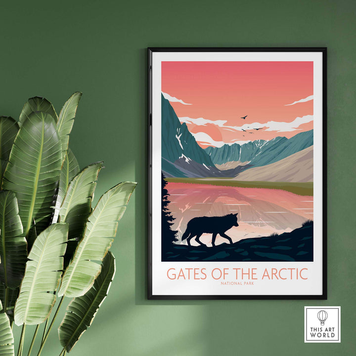 Gates of the Arctic National Park poster art print, featuring mountains, a wolf silhouette, and a serene landscape.