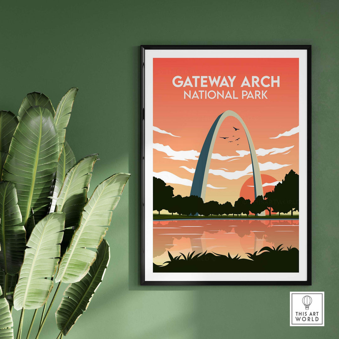 Gateway Arch Print National Park poster framed in modern decor with greenery, showcasing vintage travel art.
