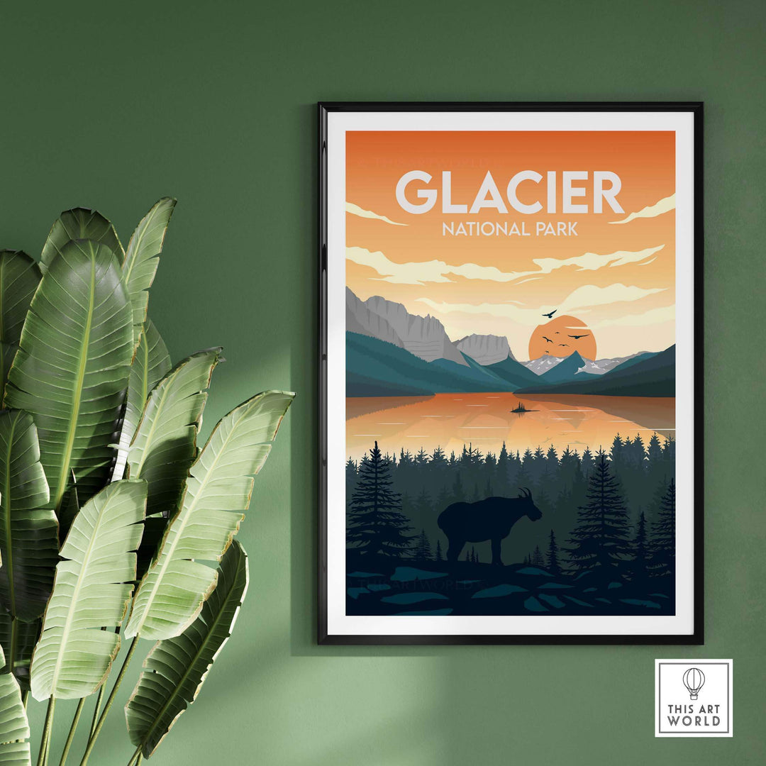 Glacier National Park poster with minimalist design and sunset, framed on a green wall.