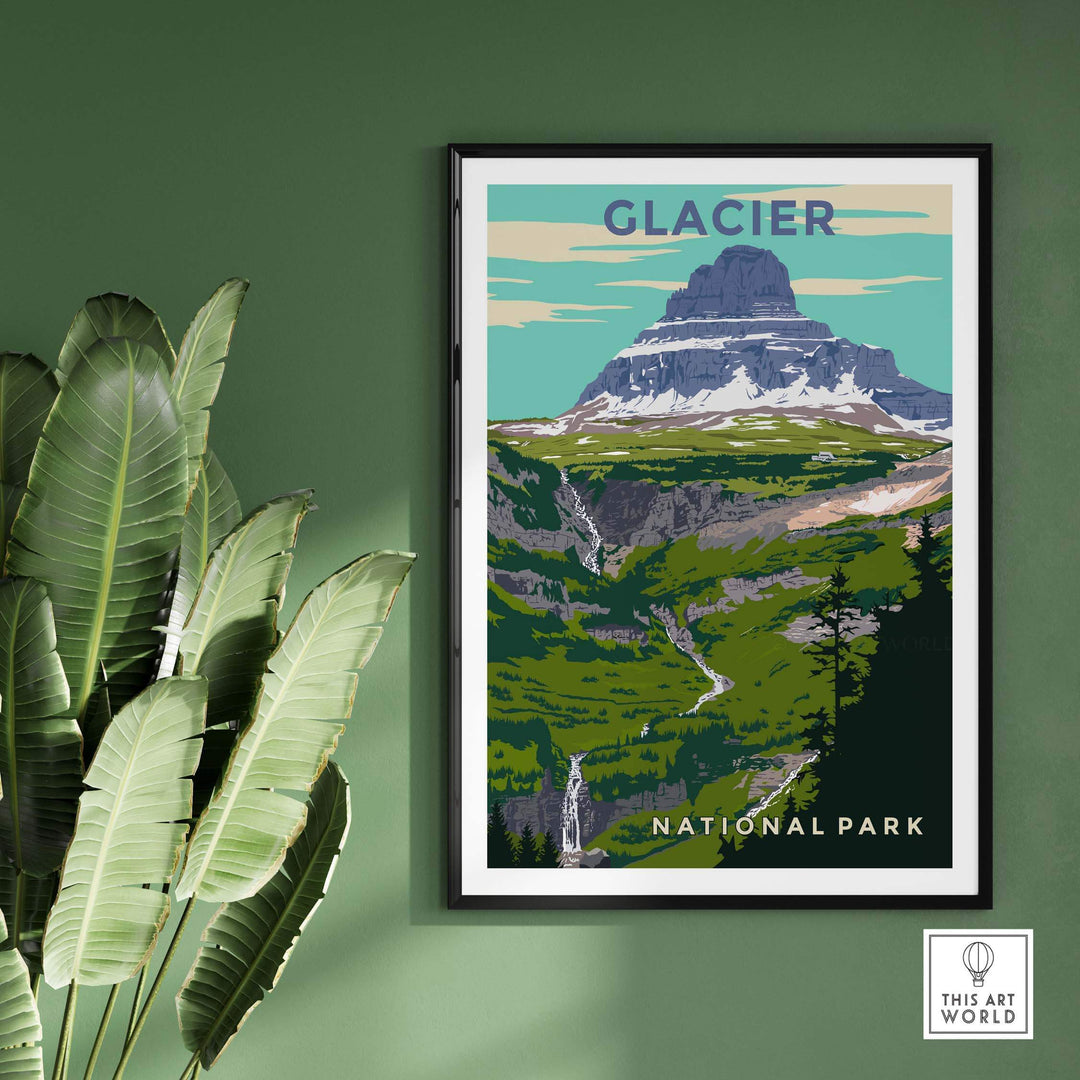Glacier National Park vintage print showcasing mountains and lush landscapes, perfect for home or office decor.