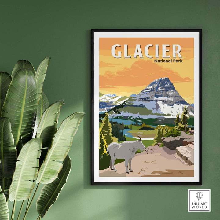 Vintage-inspired Glacier National Park poster print featuring stunning mountain scenery and a mountain goat.