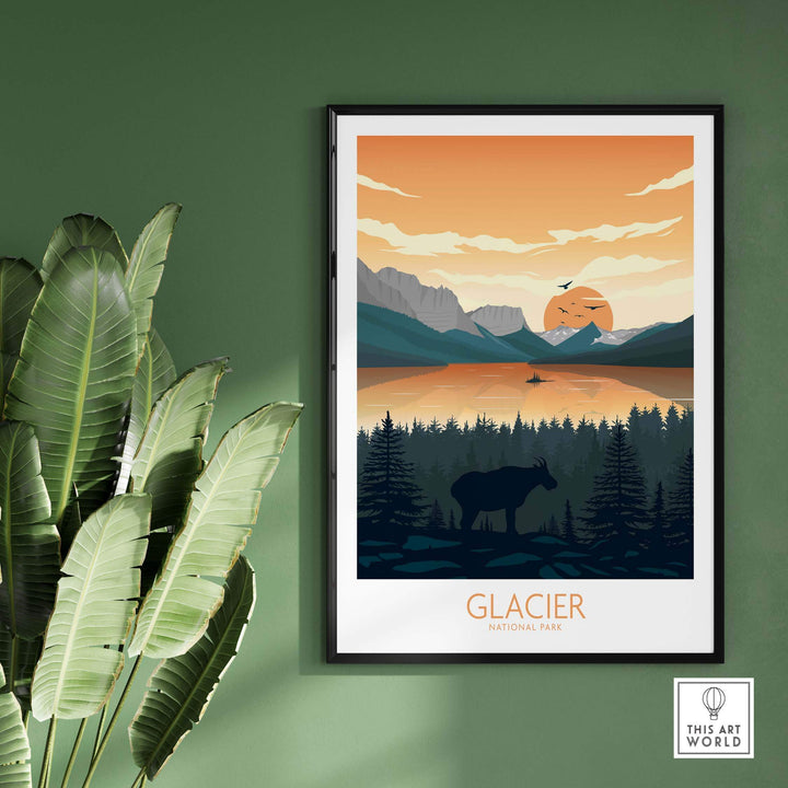 Glacier National Park minimalist art print with sunset, mountains, and wildlife, perfect for home or office decor.