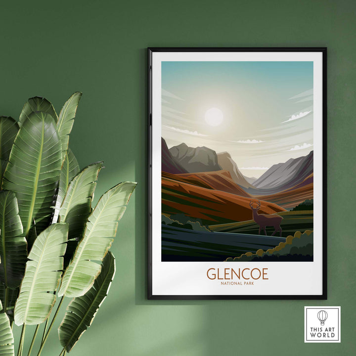 Glencoe National Park poster art print framed on a green wall, featuring mountains and natural scenery.