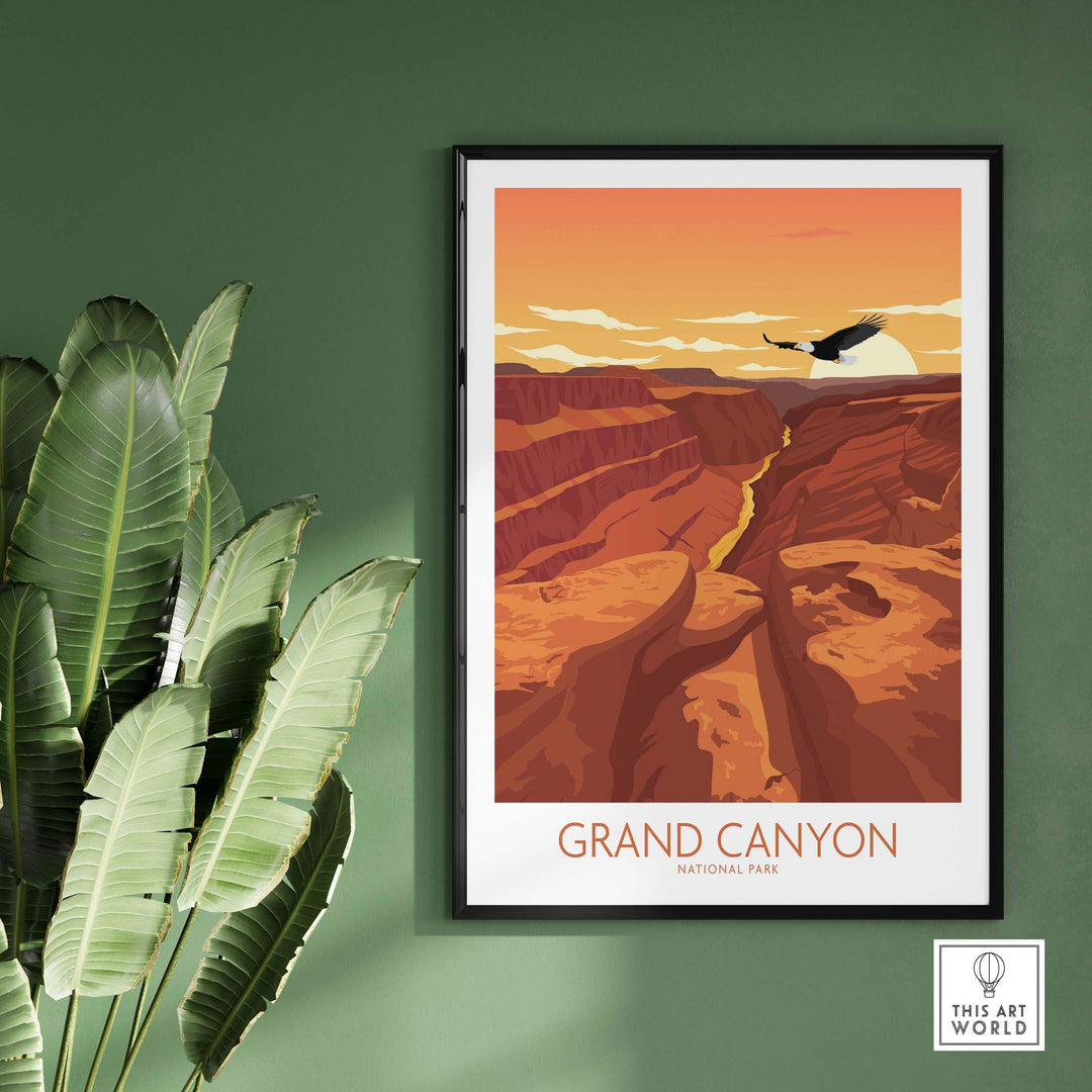 Grand Canyon National Park poster art print on a green wall, featuring minimalist design and vibrant sunset colors.