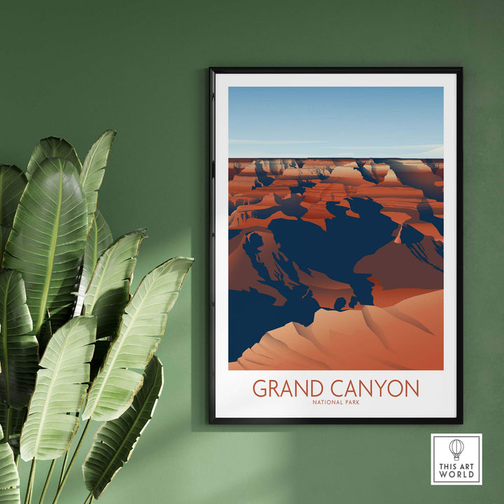 Grand Canyon National Park art print displayed on a green wall, showcasing a minimalist design with vibrant colors.