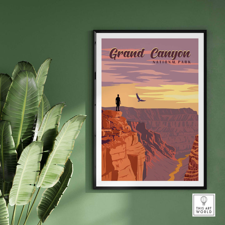 Grand Canyon National Park print framed on a green wall, showcasing vintage travel art and outdoor adventure inspiration.