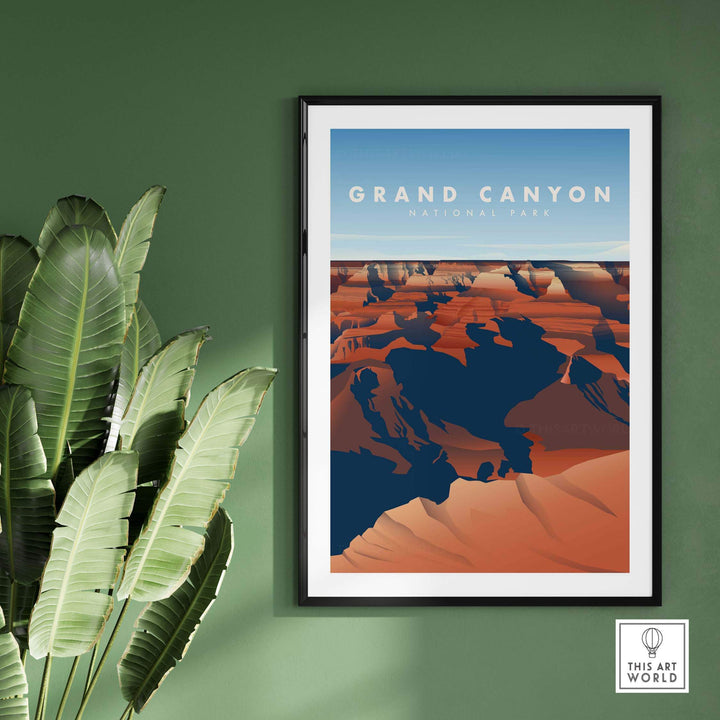 Framed Grand Canyon National Park art print featuring vibrant desert colors and blue sky against a green wall.