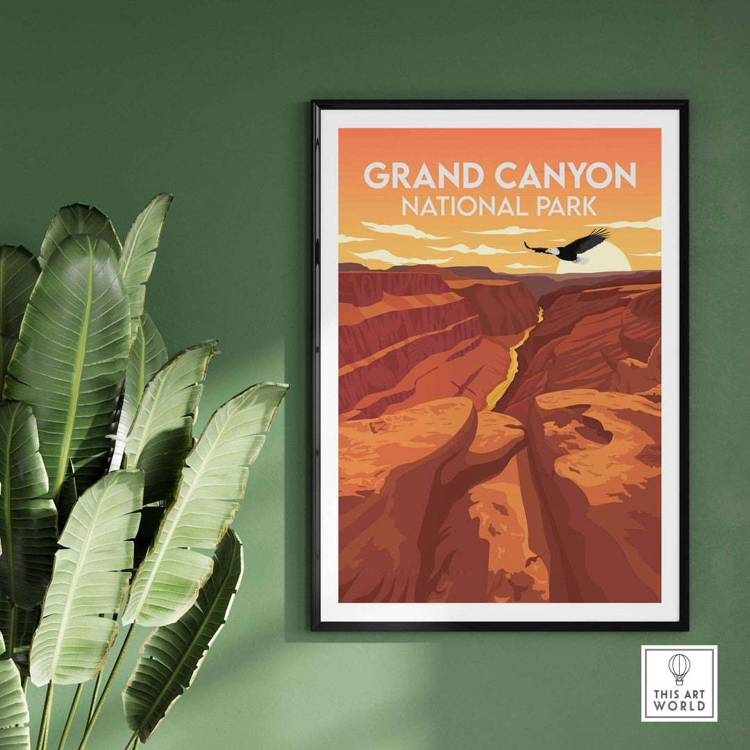 Grand Canyon National Park poster in minimalist style framed on a green wall, surrounded by tropical plants.