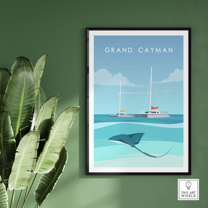 Grand Cayman wall art poster featuring catamarans and a stingray, designed for travel-inspired decor.