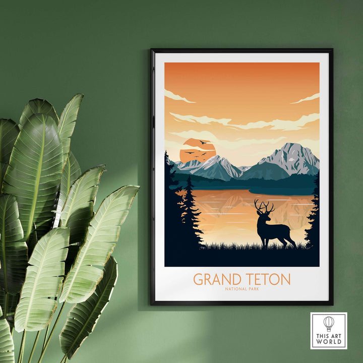 Grand Teton National Park art print featuring mountains, sunset, and elk against a green wall.