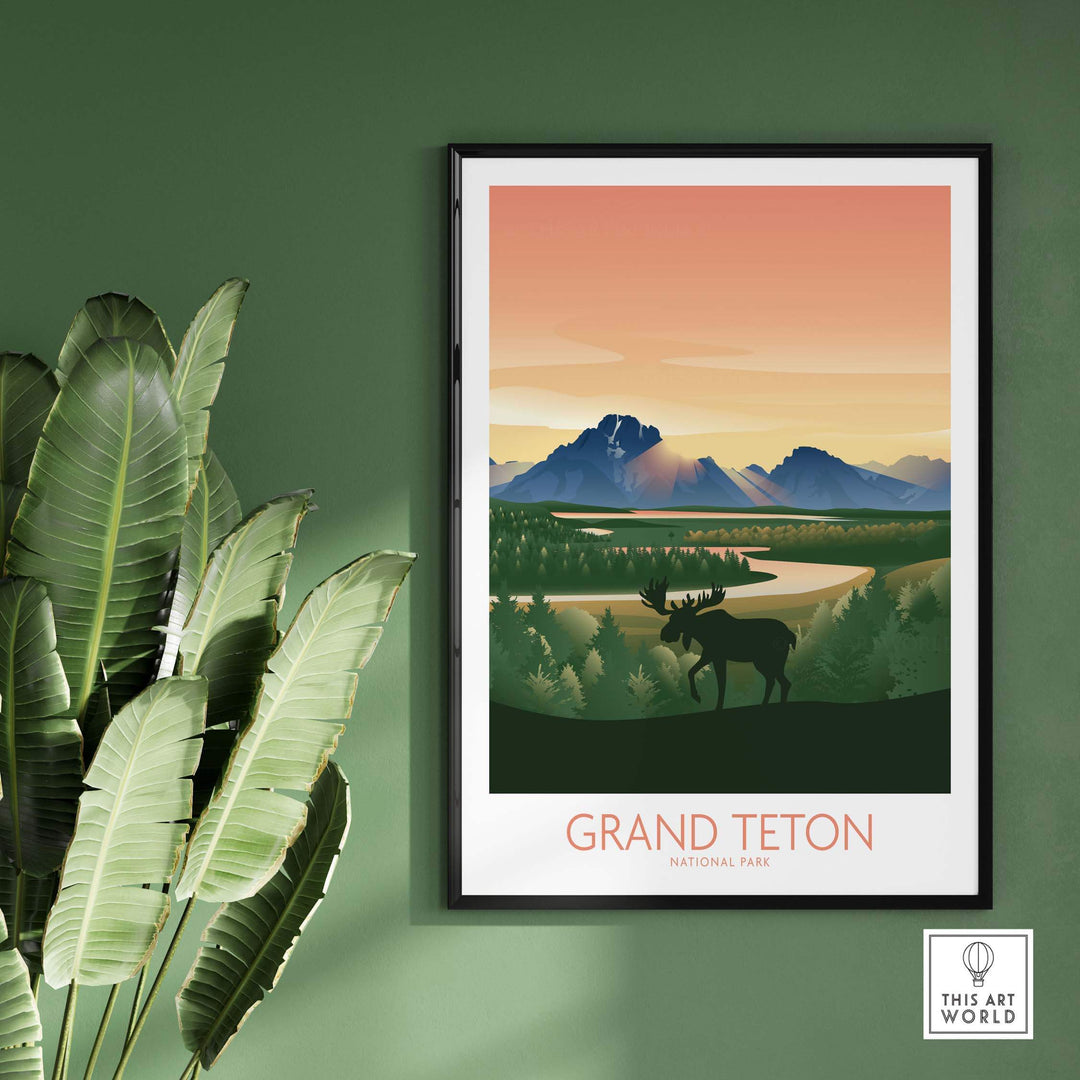 Framed Grand Teton National Park art print showcasing mountains, rivers, and greenery, perfect for nature lovers.