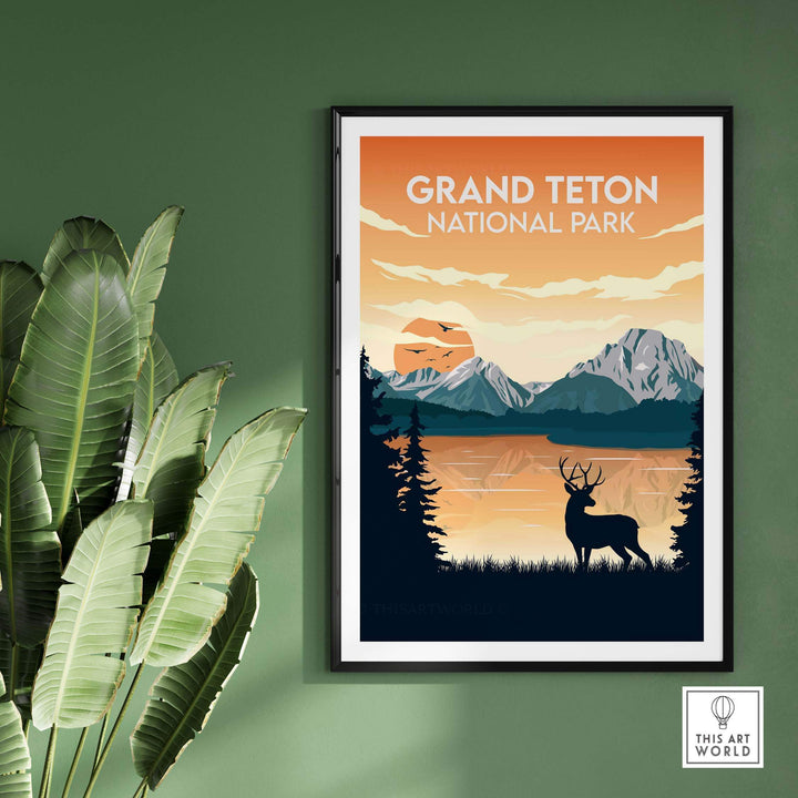 Grand Teton Print showcasing a serene landscape with mountains and a deer, perfect for nature lovers' decor.