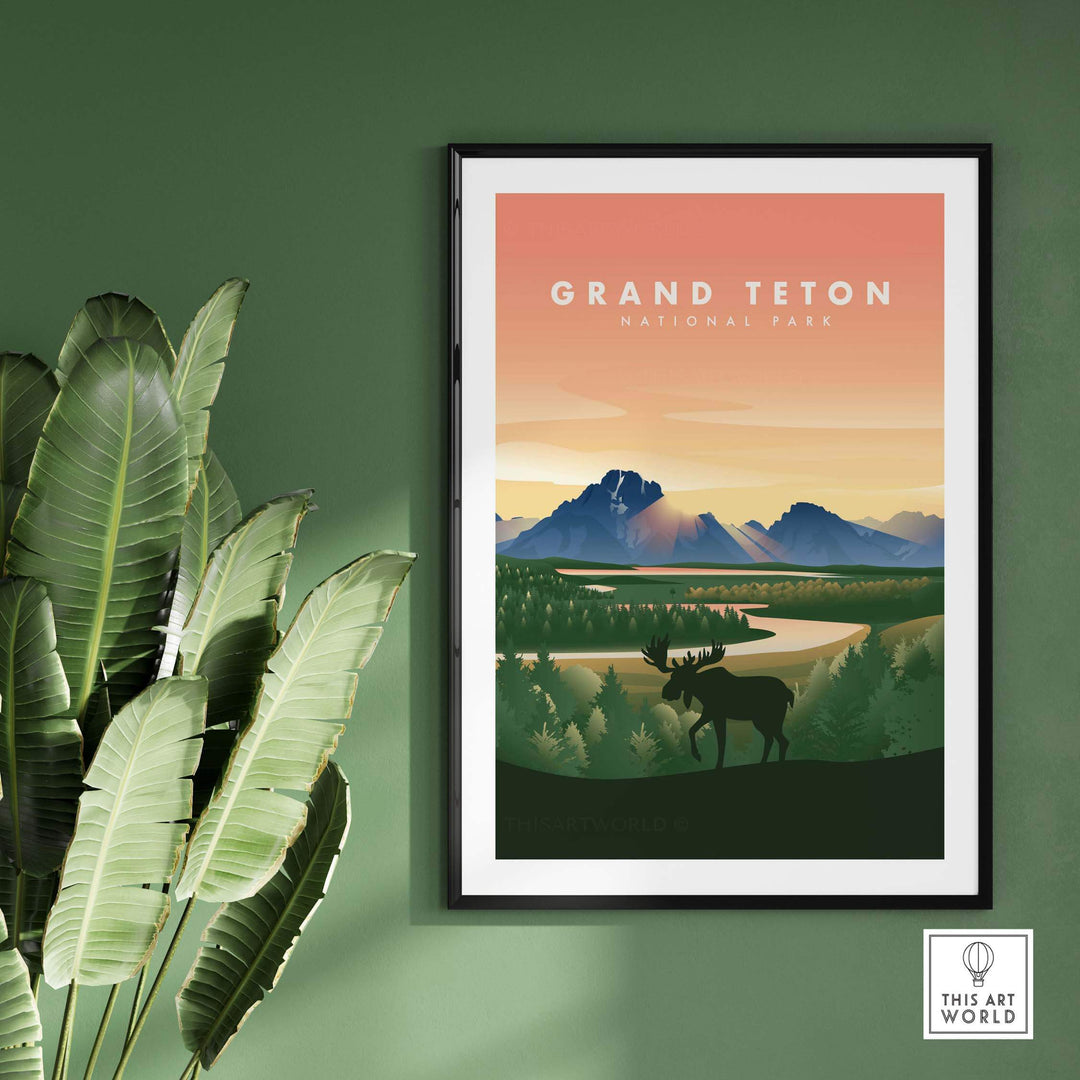 Framed Grand Teton National Park art print featuring mountains and a moose, perfect for home or office decor.