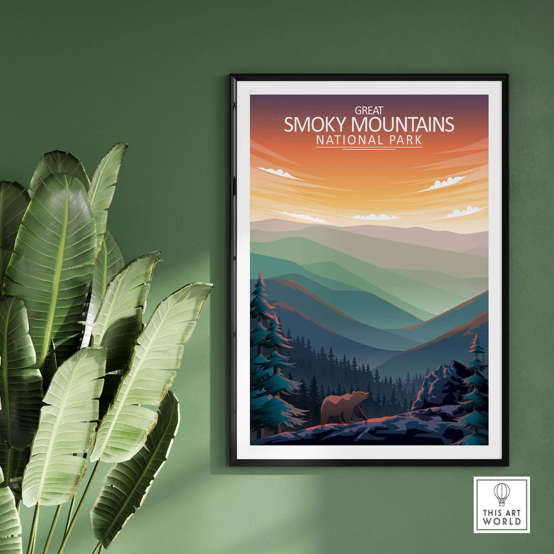 Great Smoky Mountains National Park poster framed on a wall, featuring minimalist art and vibrant nature colors.