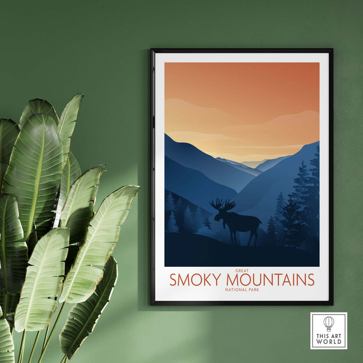Smoky Mountains National Park art print framed on green wall, featuring minimalist design and mountain landscape.