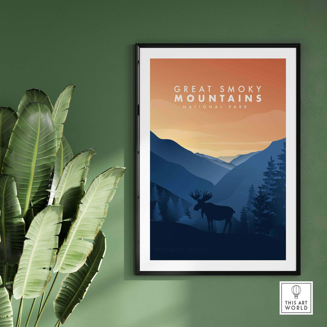Framed Great Smoky Mountains art print featuring a silhouette of a moose against a vintage-style landscape.