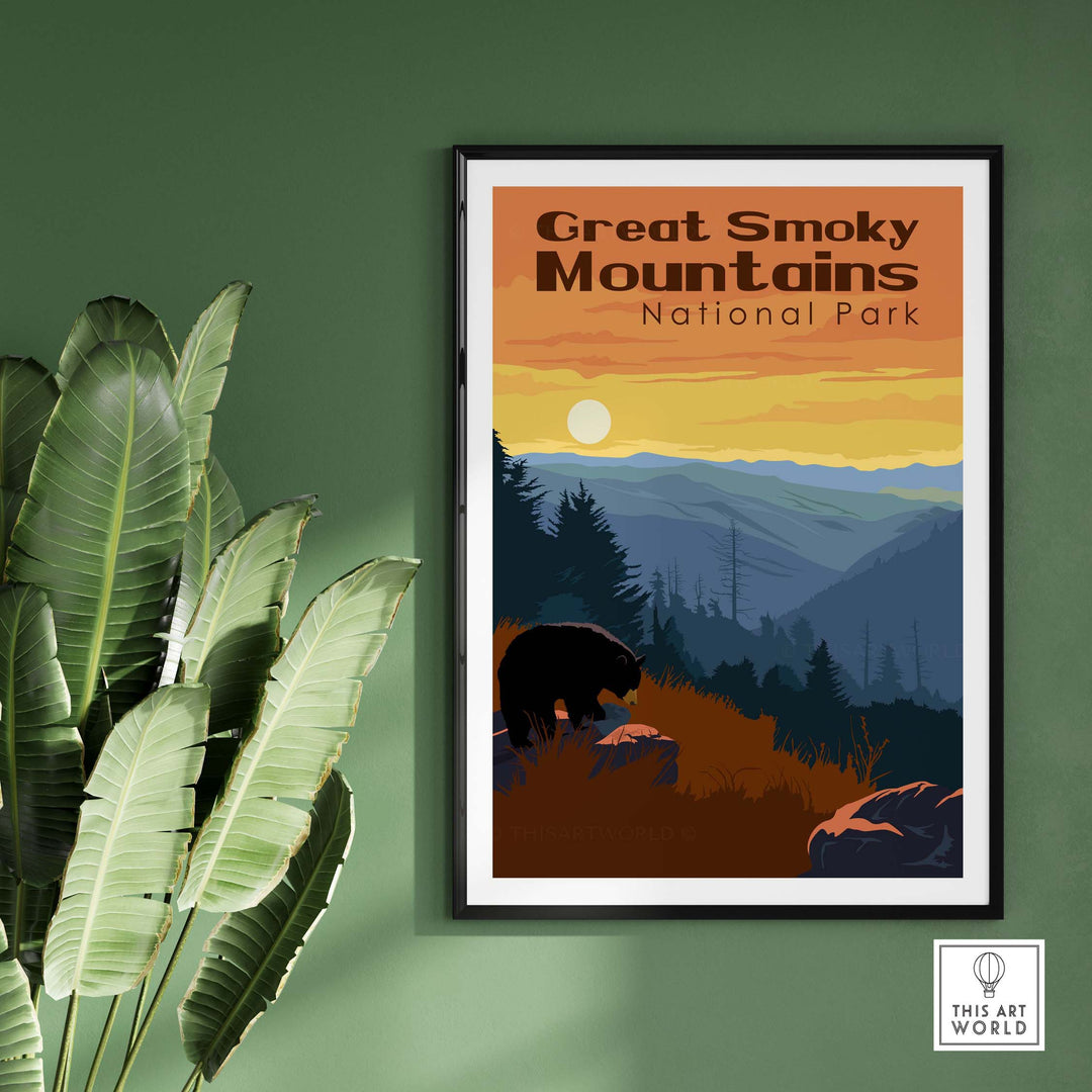 Great Smoky Mountains National Park print framed on wall, featuring vintage-inspired nature artwork and lush greenery.