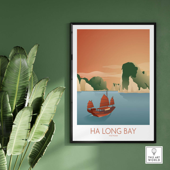 Ha Long Bay Vietnam wall art print featuring a vintage sailing boat and scenic landscape.