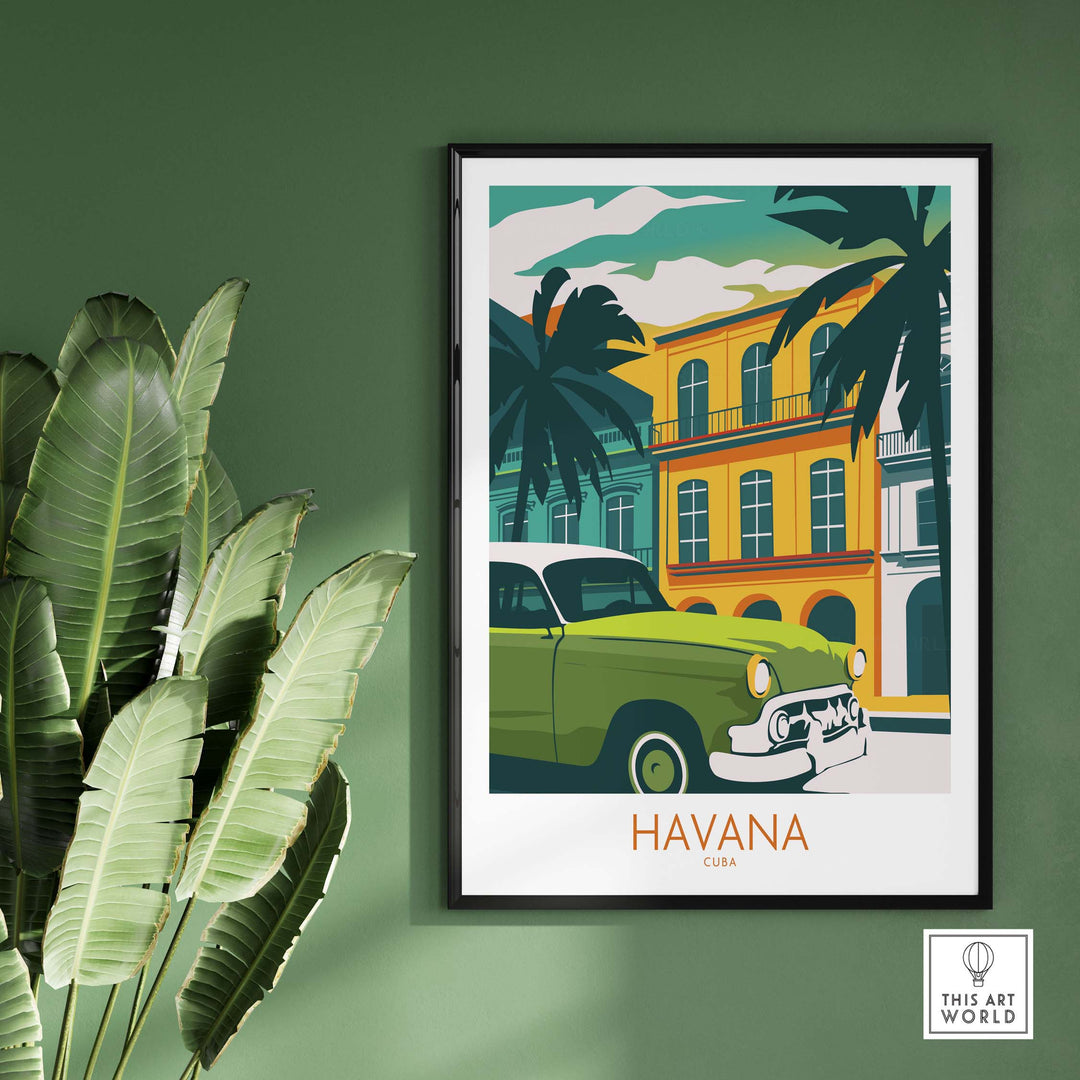 Havana Cuba poster print featuring a vintage car and palm trees on a stylish green wall.