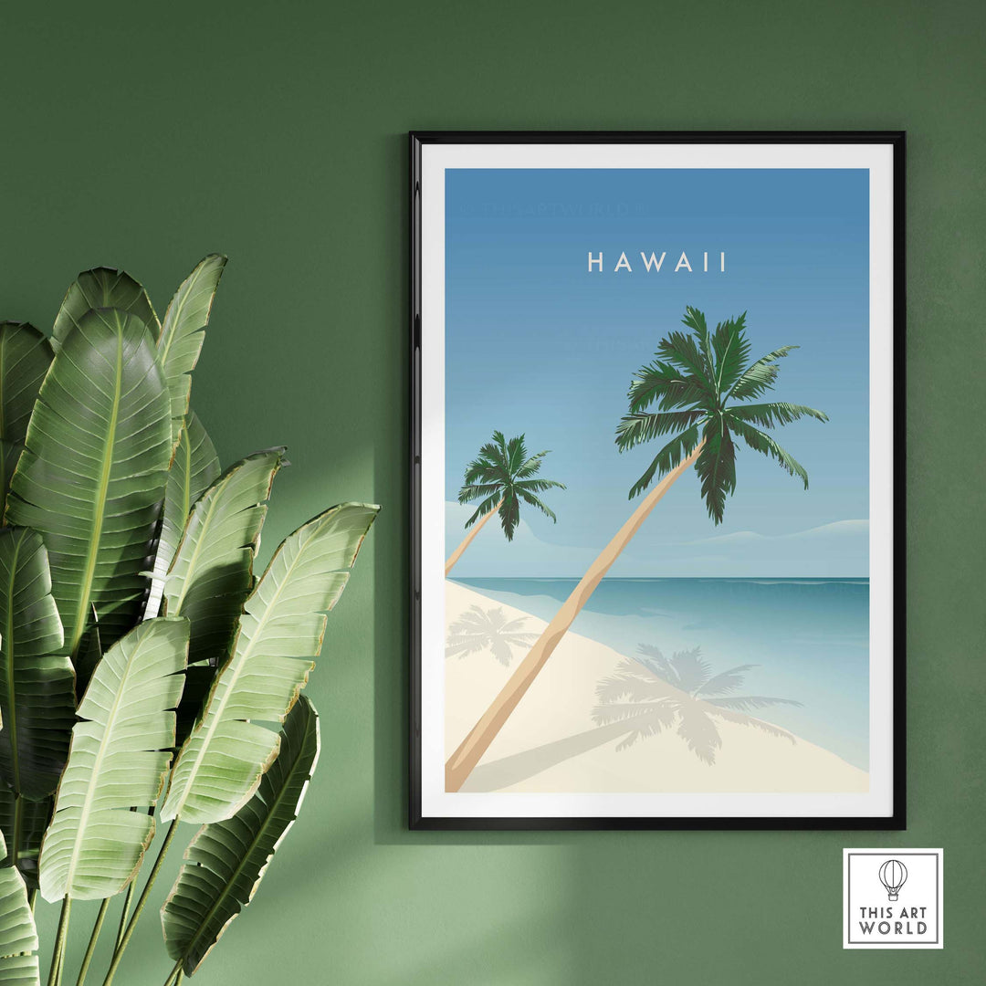 Hawaii Wall Art Poster featuring palm trees and ocean, ideal for home or office decor.