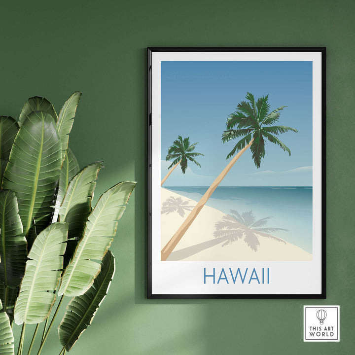 Hawaii Beach wall art print featuring palm trees and ocean, framed on a green wall, perfect for travel decor.