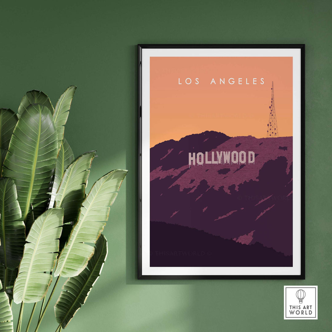 Hollywood Sign Print Wall Art Poster featuring Los Angeles, ideal for home or office decor.