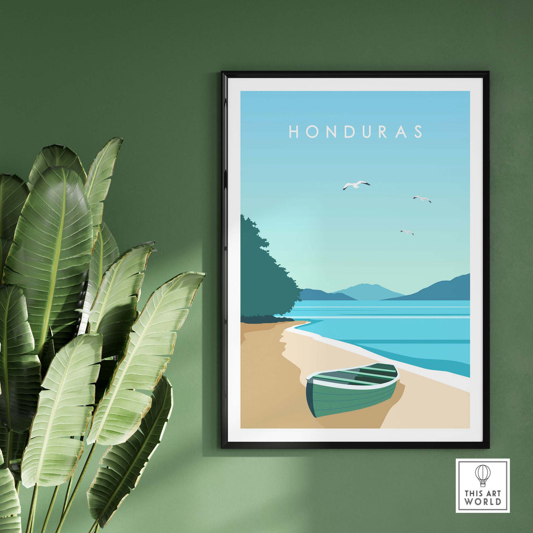 Honduras Print showcasing a beach scene with a boat, framed wall art for travel enthusiasts.